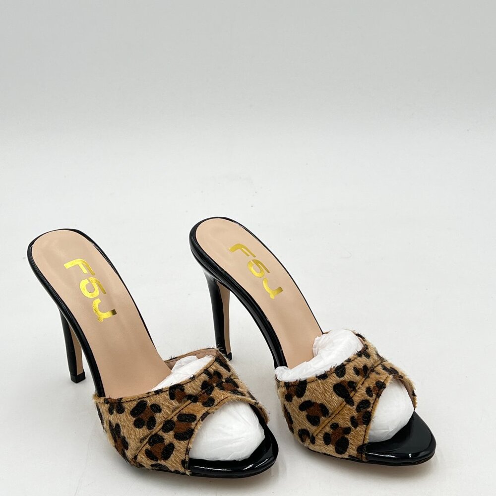 FSJ Leopard Comfort High Heel Sandals Mules Peep Toe Slide Summer Dress Shoes - Picture 4 of 8